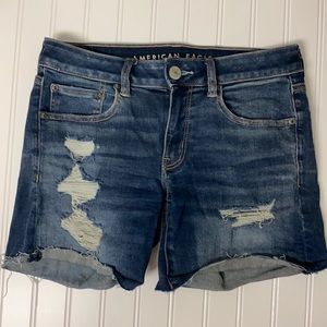American Eagle Dark Wash Distressed MIDI Shorts